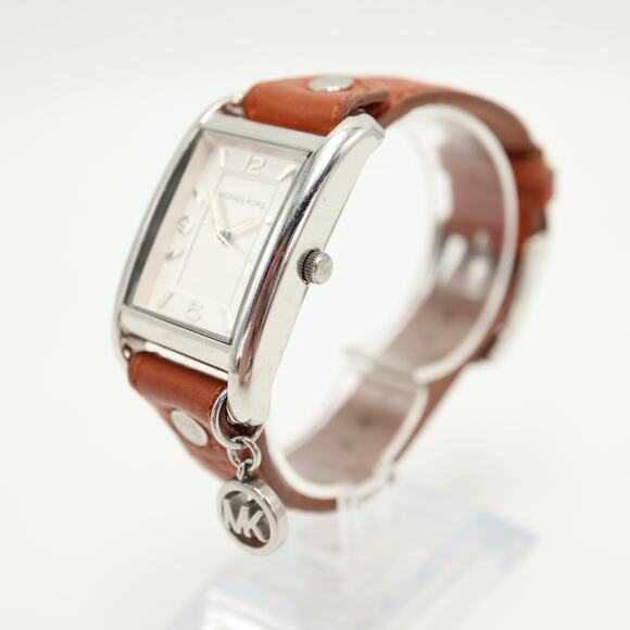 Michael Kors Taylor Tank 26mm Silver Tone Watch Brown Leather w New Battery main image 7